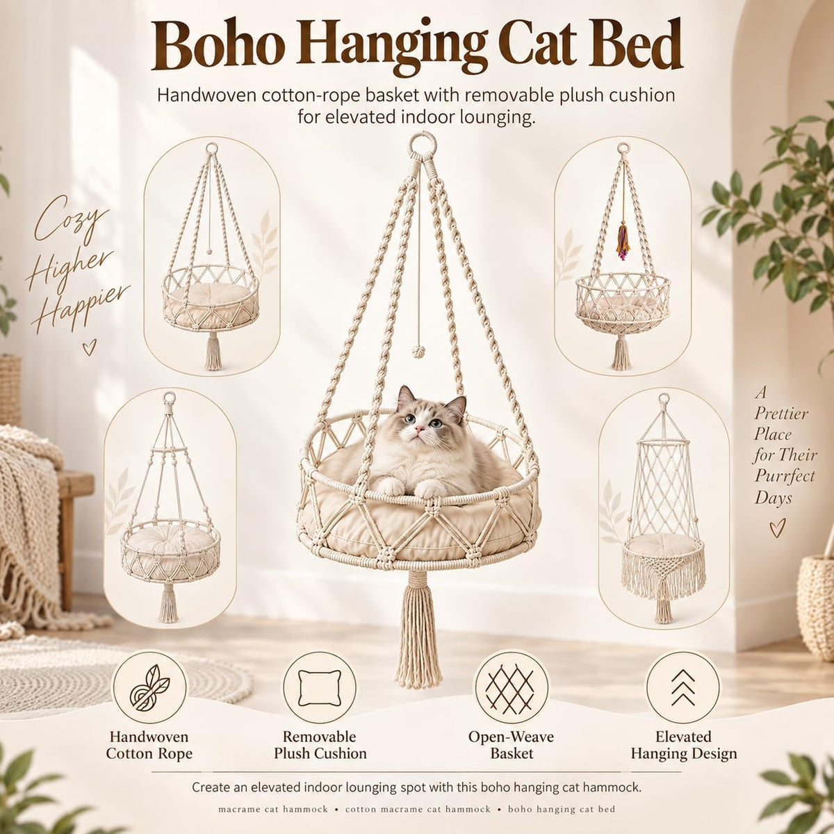 12-16in Boho Hanging Cat Hammock with Removable Plush Cushion (C, 16 * 48in)