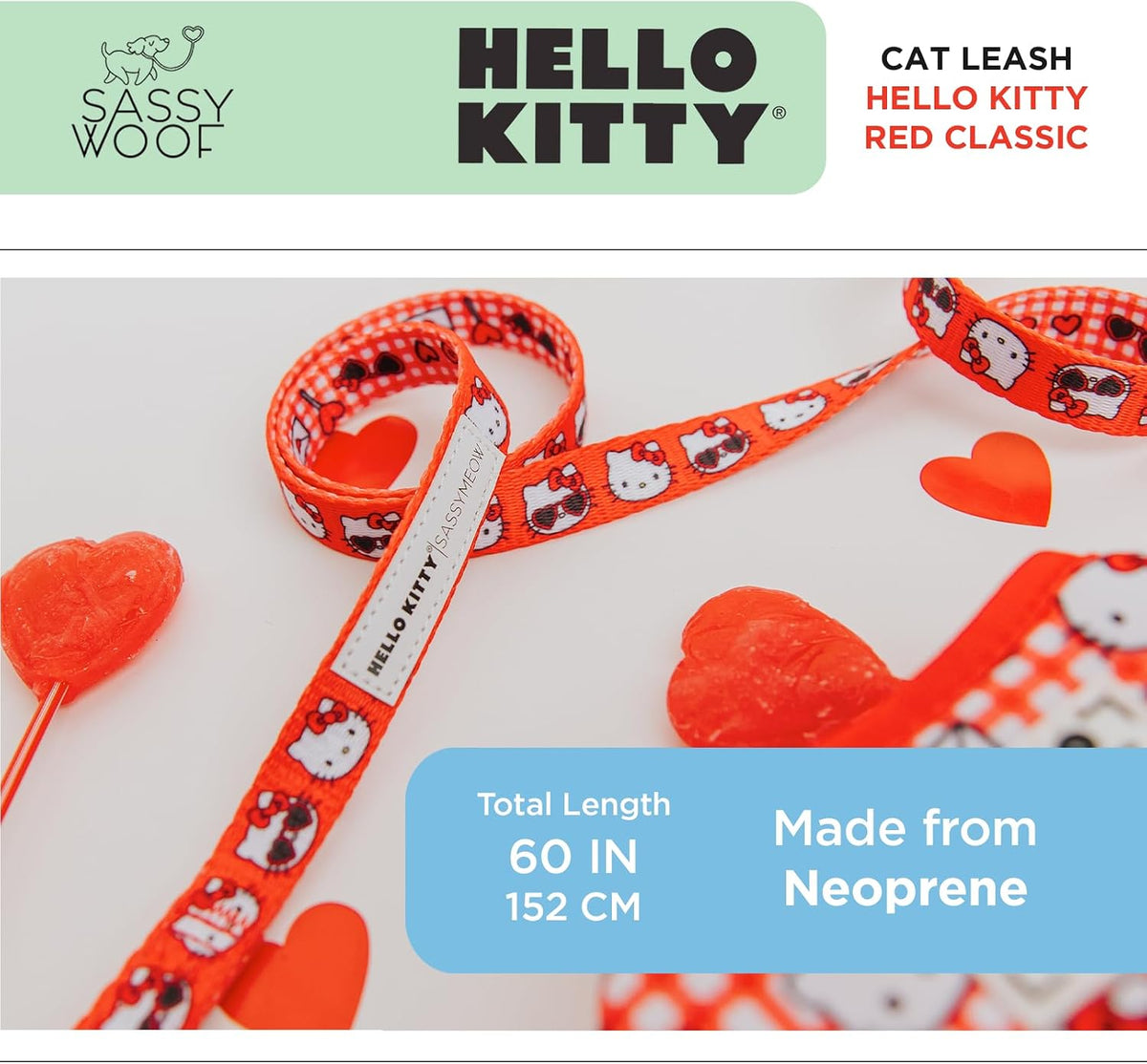 Sassy Woof Hello Kitty® Red Classic Cat Leash 60-Inch with Padded Handle