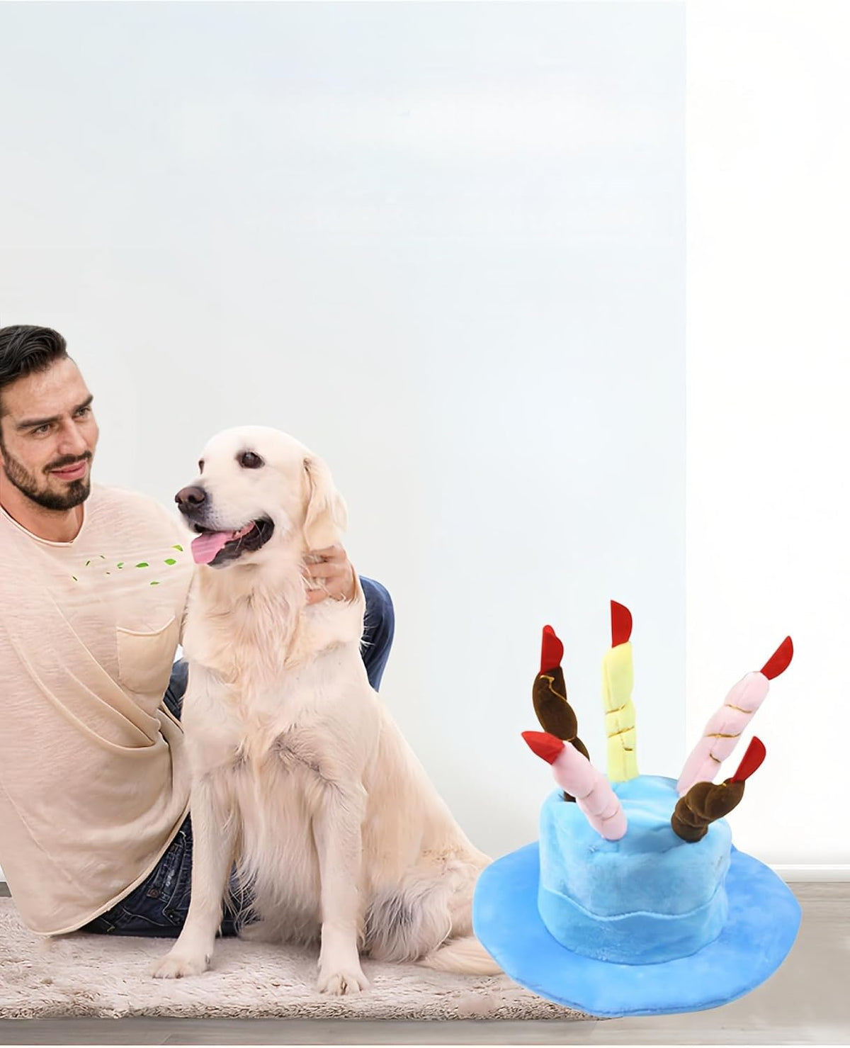 Cute Pet Party Hat for Dogs&Cats - Soft Fluffy Birthday Cap with 5 Color Candles (Blue), Adjustable Strap for Halloween,
