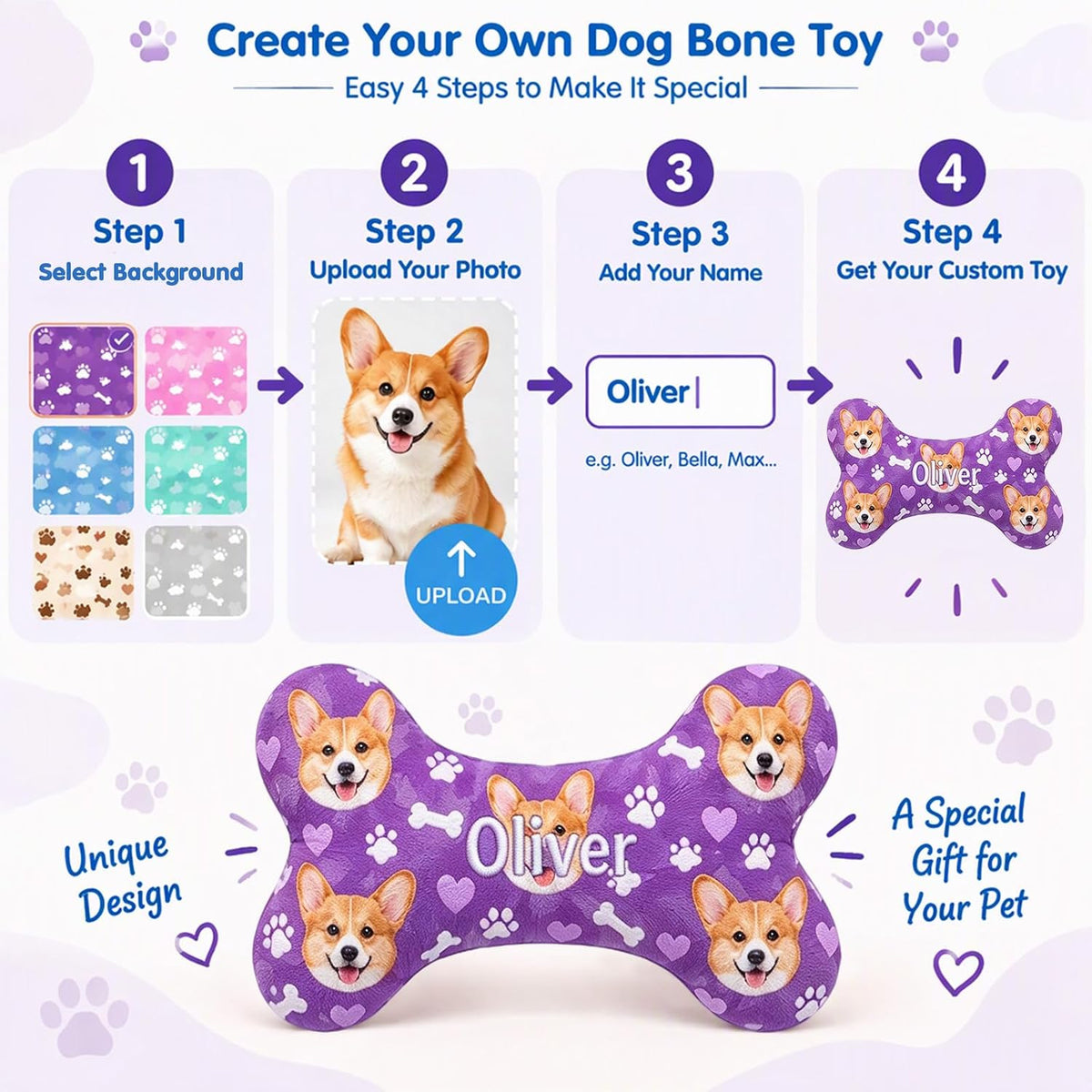 Personalized dog bone toy, embroidered pet name plush stuffed gift