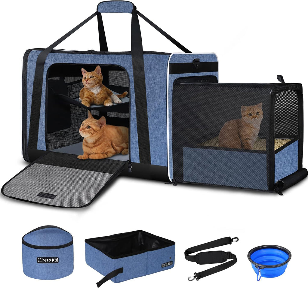 Side Expandable Extra Large Soft Cat Carrier with Litter Box, Black