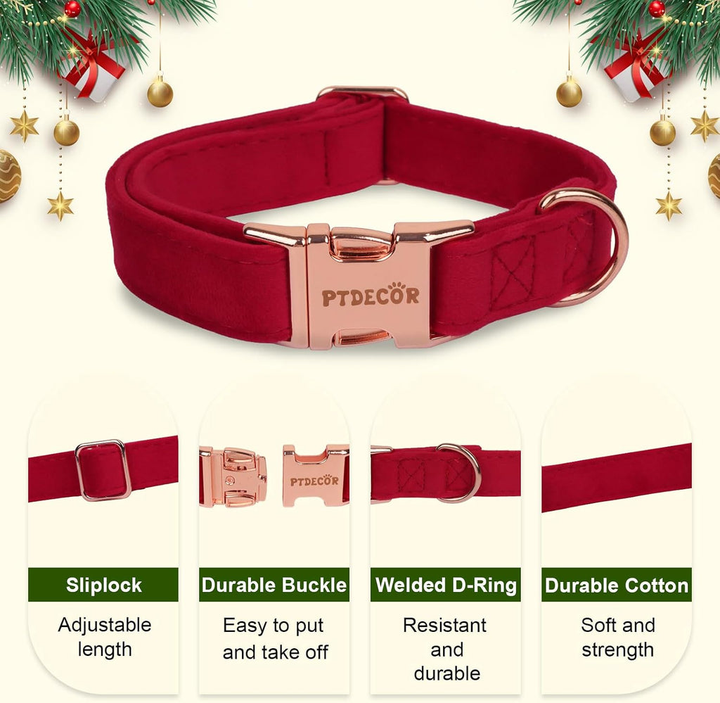 PTDECOR Velvet Dog Collar, Red Christmas Dog Collar with Bowtie, Small