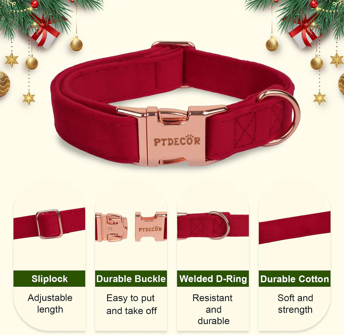 PTDECOR Velvet Dog Collar, Red Christmas Dog Collar with Bowtie, Small