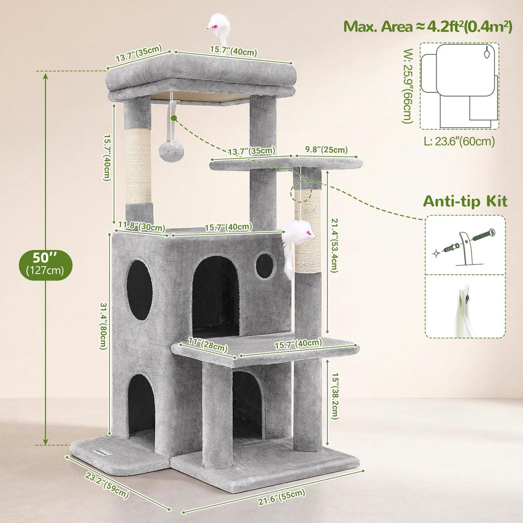 Globlazer Cat Tree Tower for Indoor Cats Large Adult, FC50, Light Grey