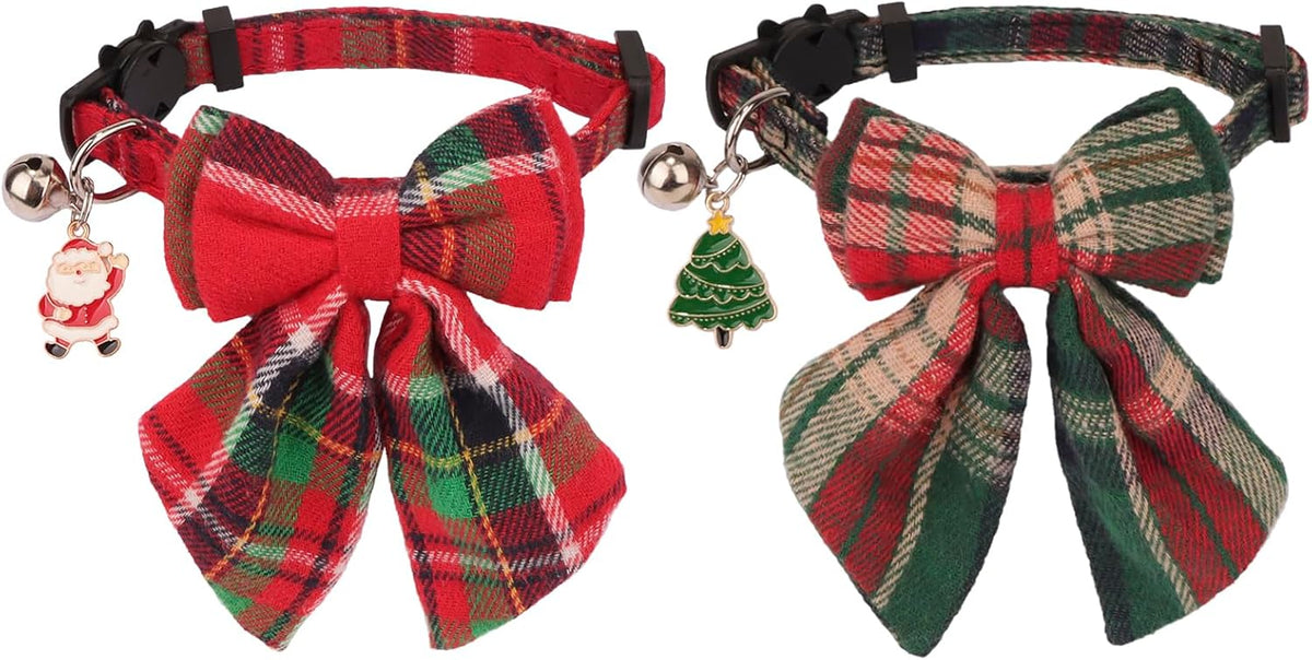 PTDECOR Fall Cat Collar with Stylish Bow, Thanksgiving Orange Plaid Collar
