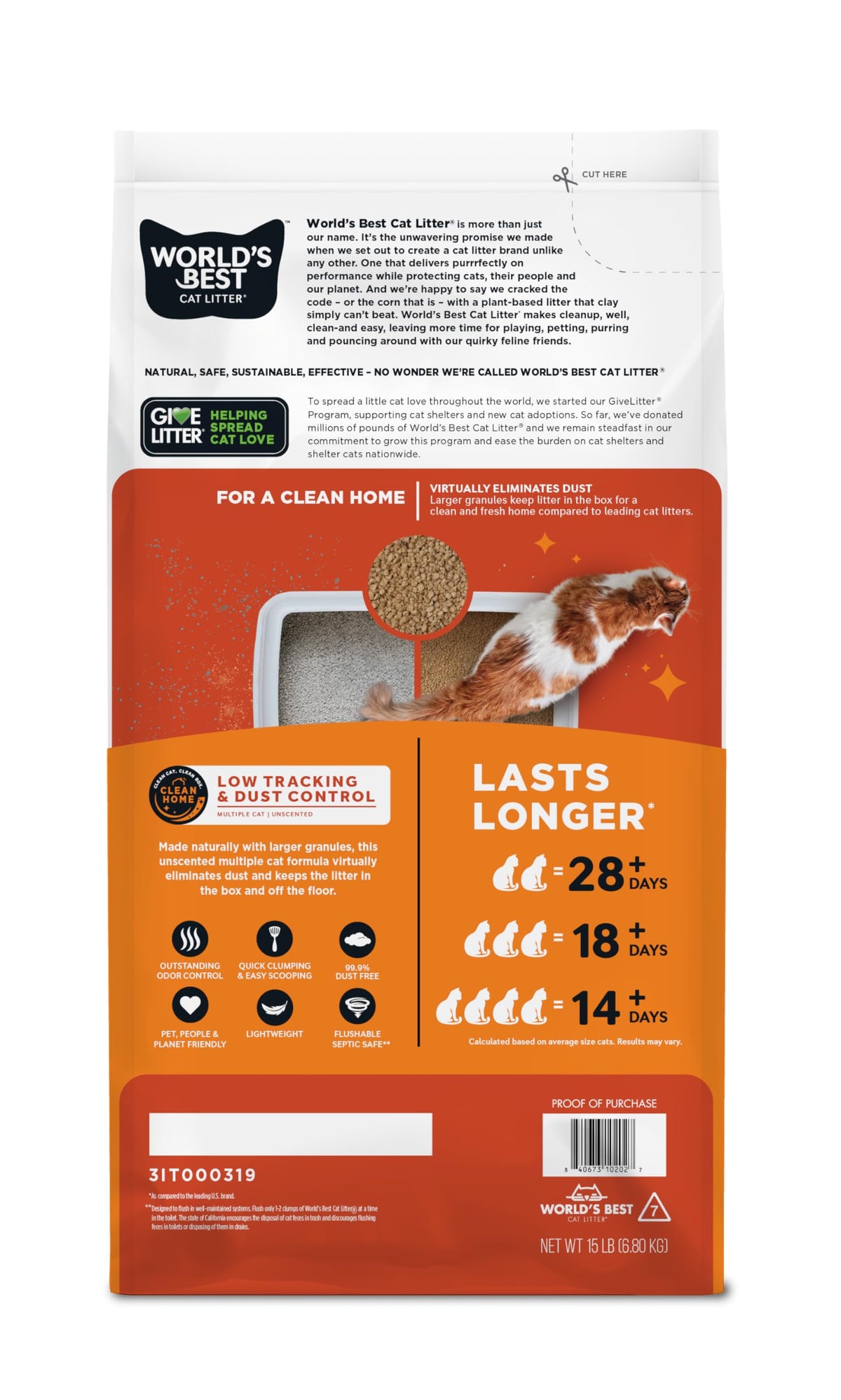 World's Best Cat Litter Low Tracking & Dust Control, Unscented, 15 lb Bag