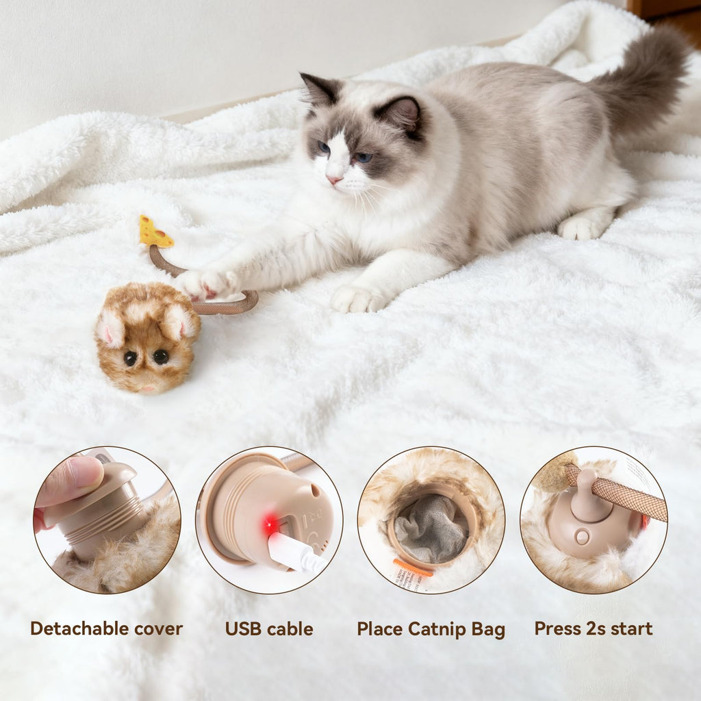 Migipaws Interactive MigiMouse Cat Toy 360° Rolling & Spin with Mesh Plastic Tail for Indoor Cats Smart Motion Sensor, Realistic Squeak, Rechargeable Plush Kitten Toy(Brown Long)