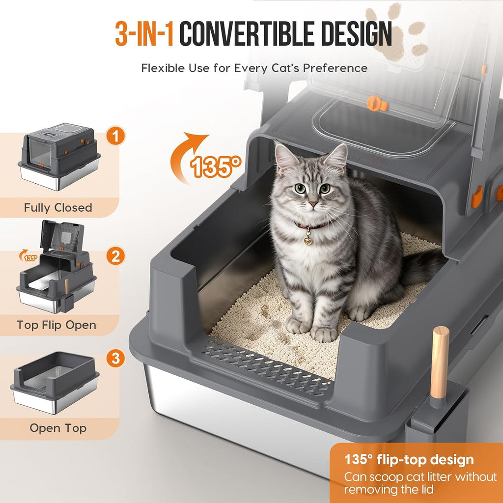XXXL Stainless Steel Cat Litter Box, Enclosed Cat Litter Box