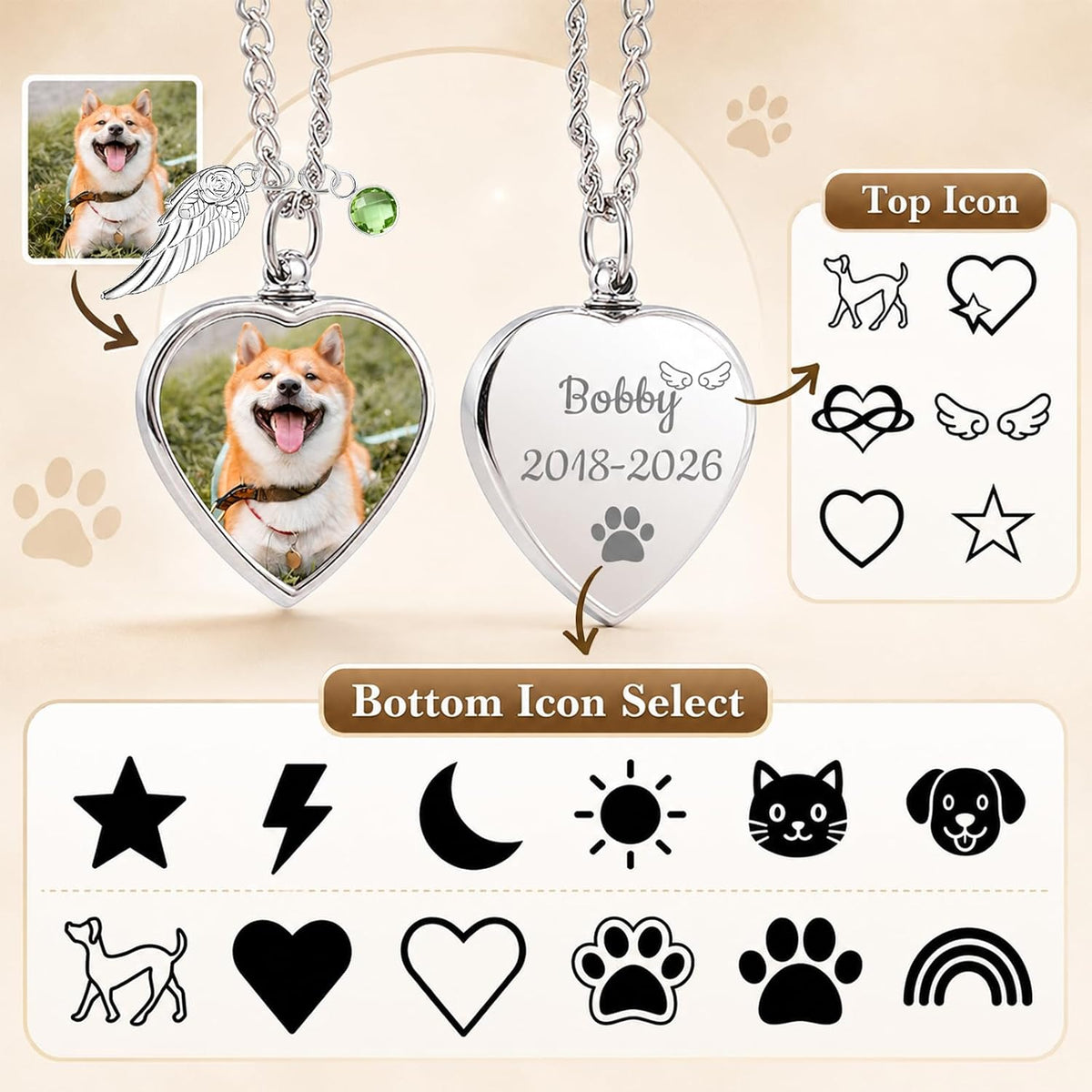 HJX Personalized Pet Ashes Necklace with Photo Text for Pet Lovers