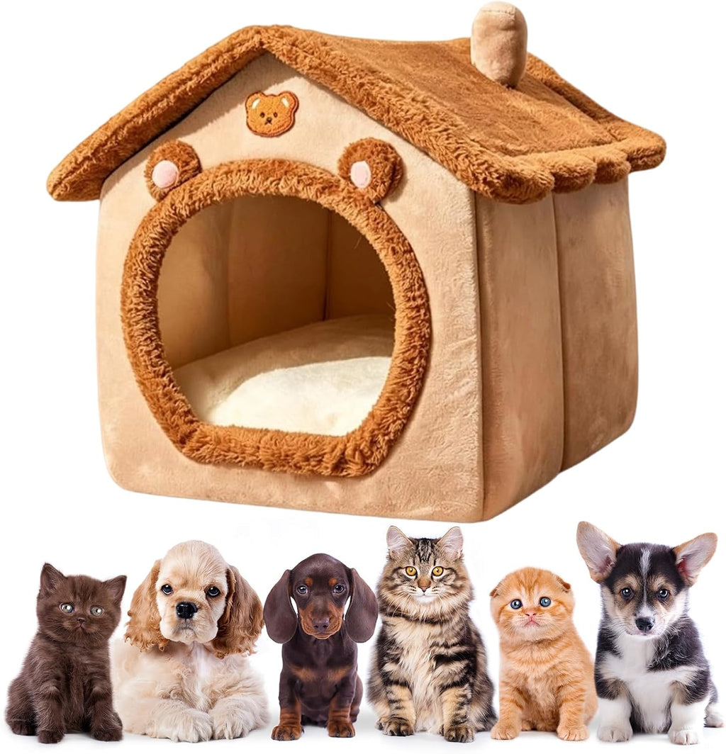 Cute Bear‑Shape Enclosed Pet Cave Bed, Soft Plush Tent House with Cushion