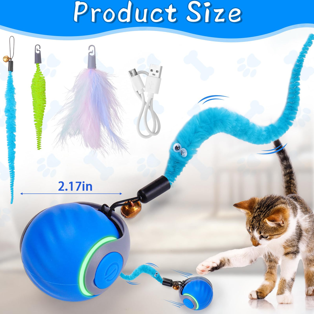 BABORUI Interactive Cat Toy Ball - Automatic Interactive Cat Toys for Indoor Cats with 3 Tails, 2 Speeds Rechargeable Cat Enrichment Toys for Small/Medium/Large Cats to Keep Them Busy(Blue)