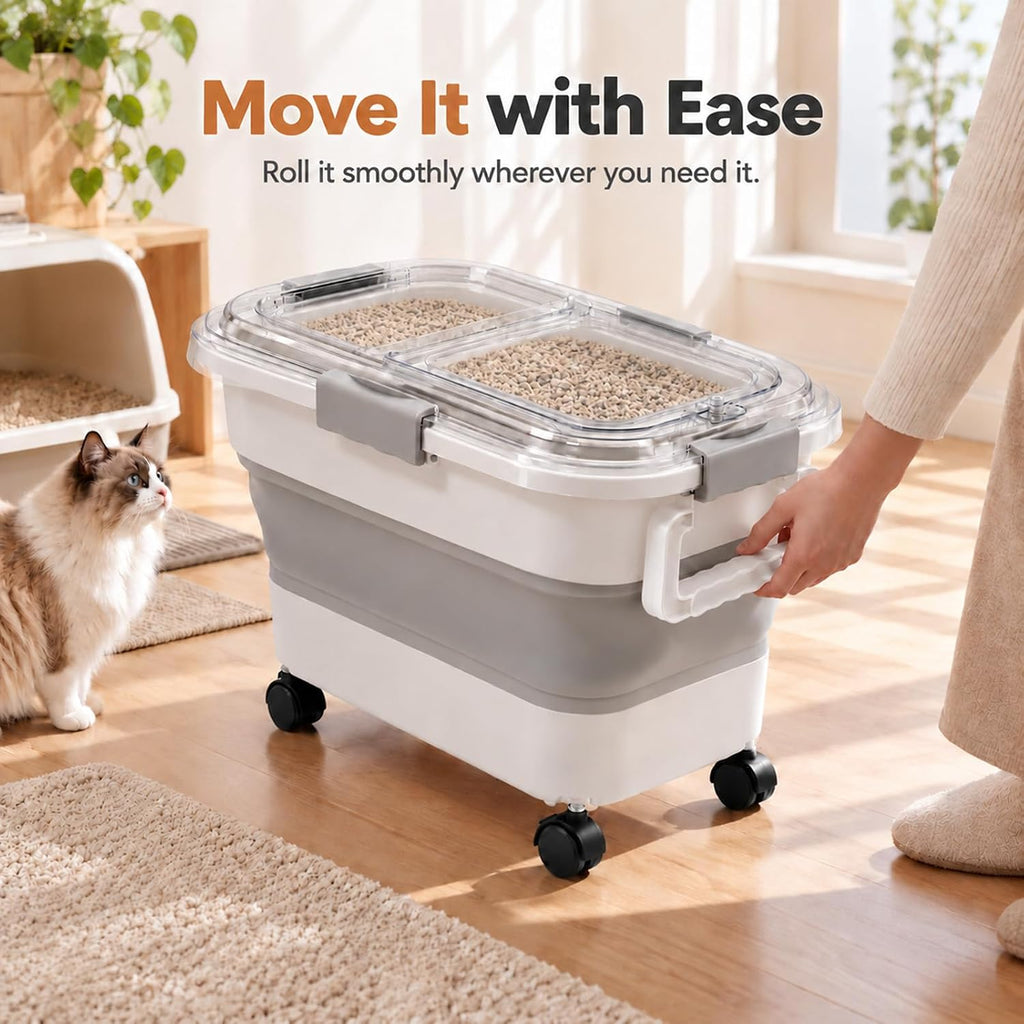 Collapsible Cat Litter Storage Container 30 Lbs with Rolling Casters,Pethiy