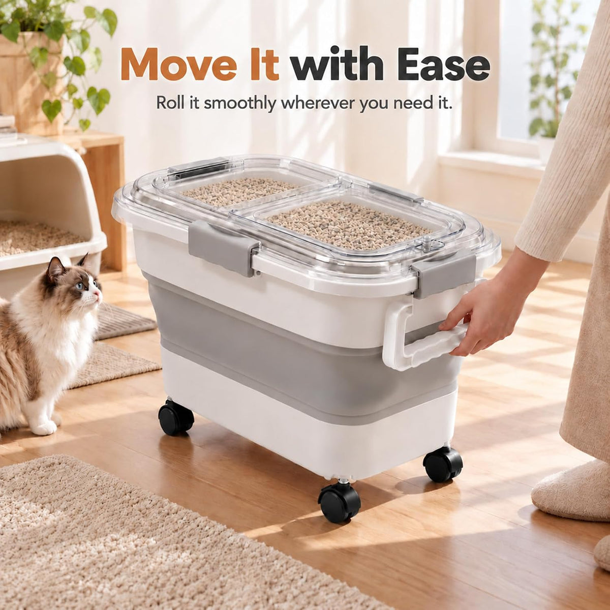 Collapsible Cat Litter Storage Container 30 Lbs with Rolling Casters,Pethiy