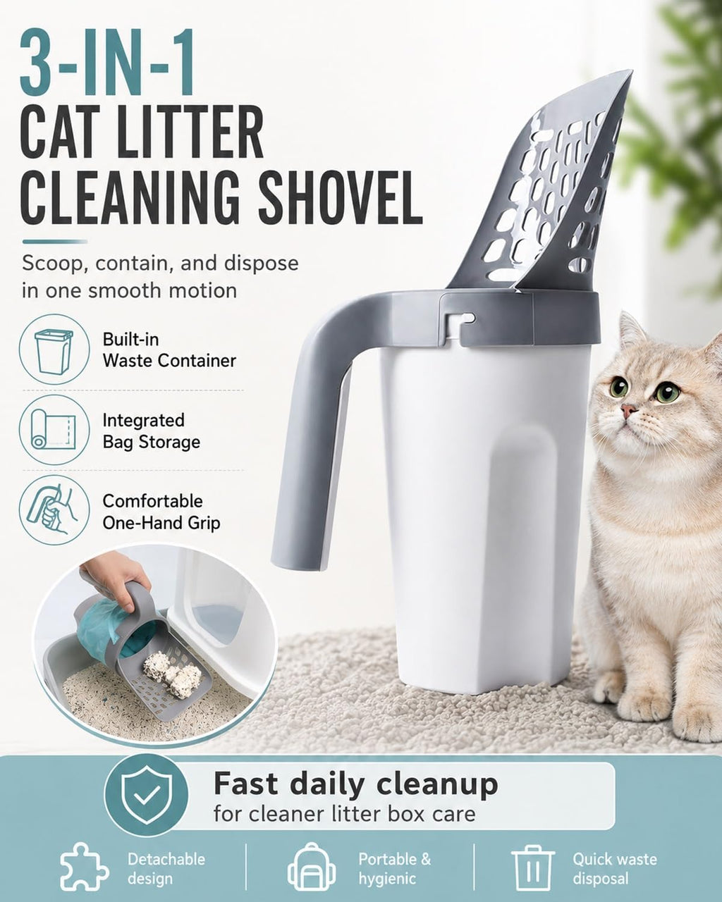 3 in 1 Cleaning Shovel for Cat Litter Kitty Scoop with Holder Bag Attached