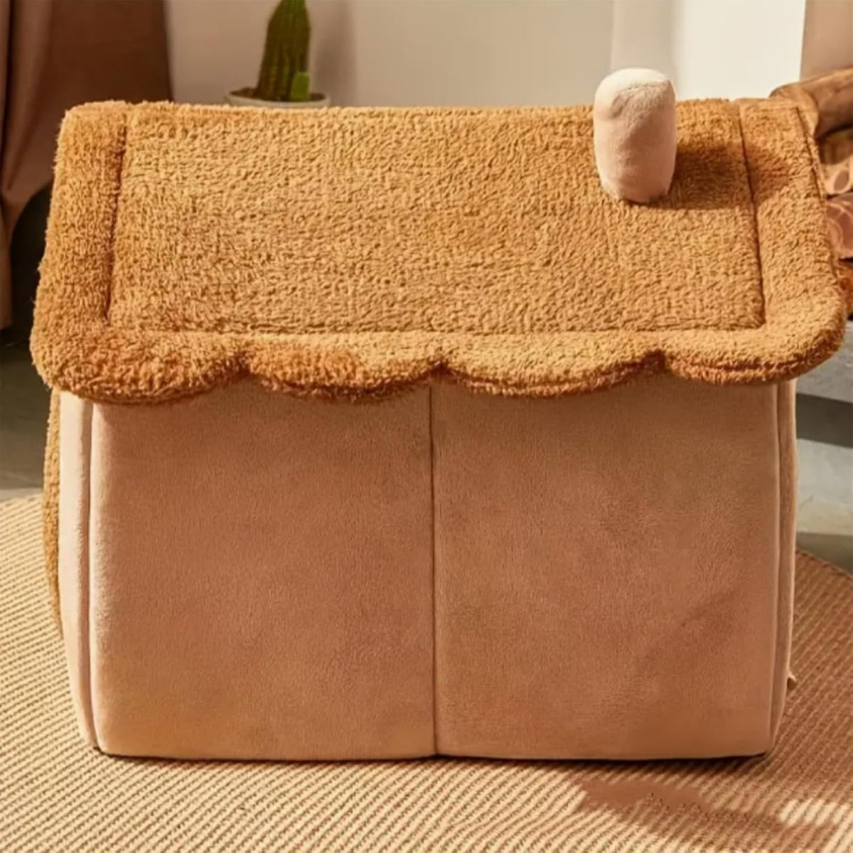 Cute Bear‑Shape Enclosed Pet Cave Bed, Soft Plush Tent House with Cushion