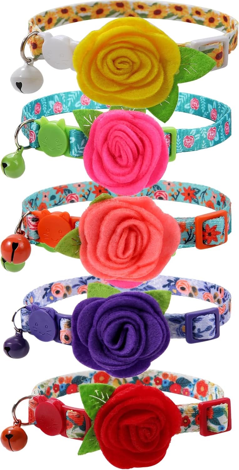 Cat Collar Breakaway with Bells, 3 Pack Small Dog Collar with Flower Charms