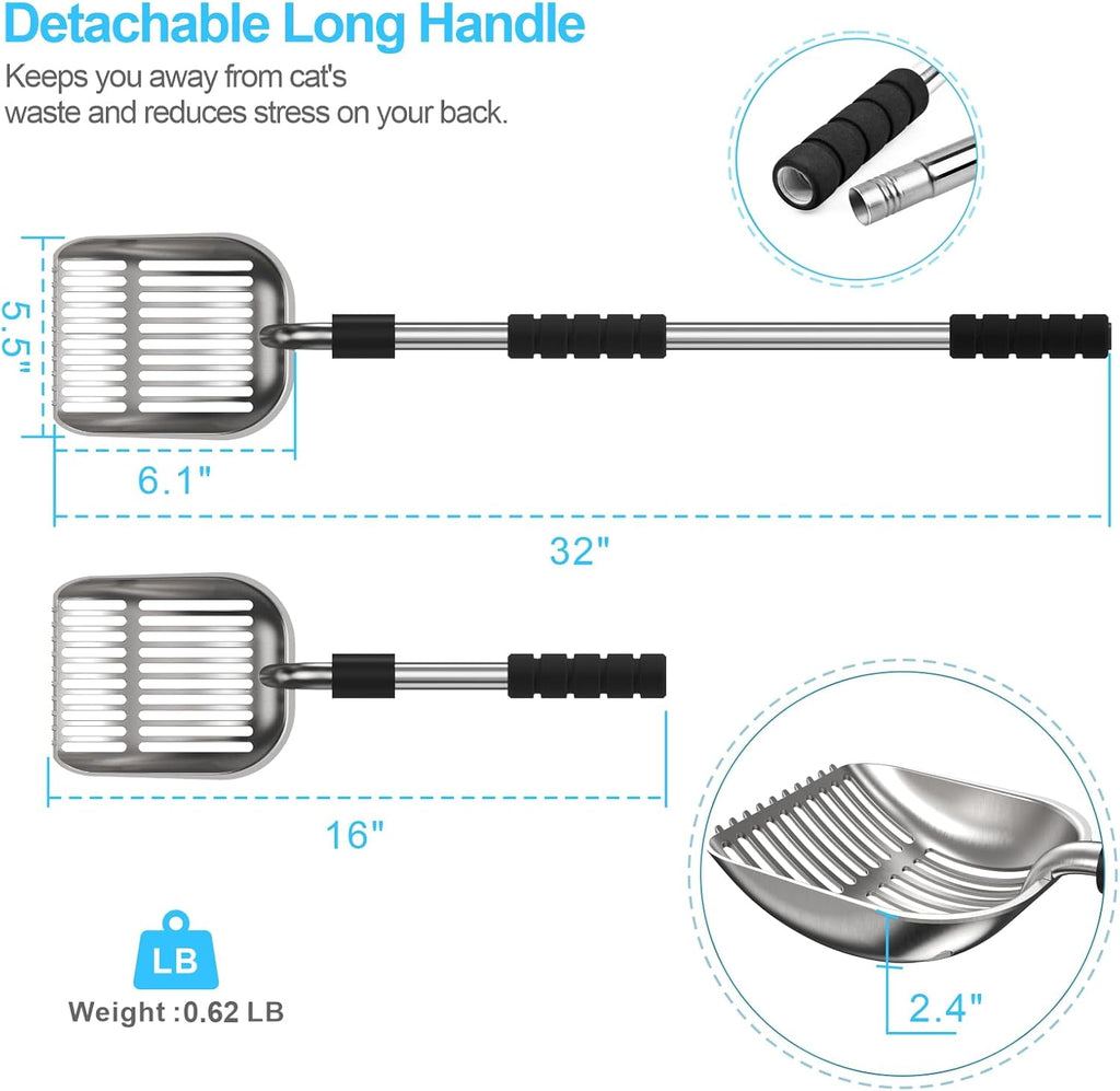 Cat Litter Scoop, Long Handle Metal Litter Scooper - No Bending