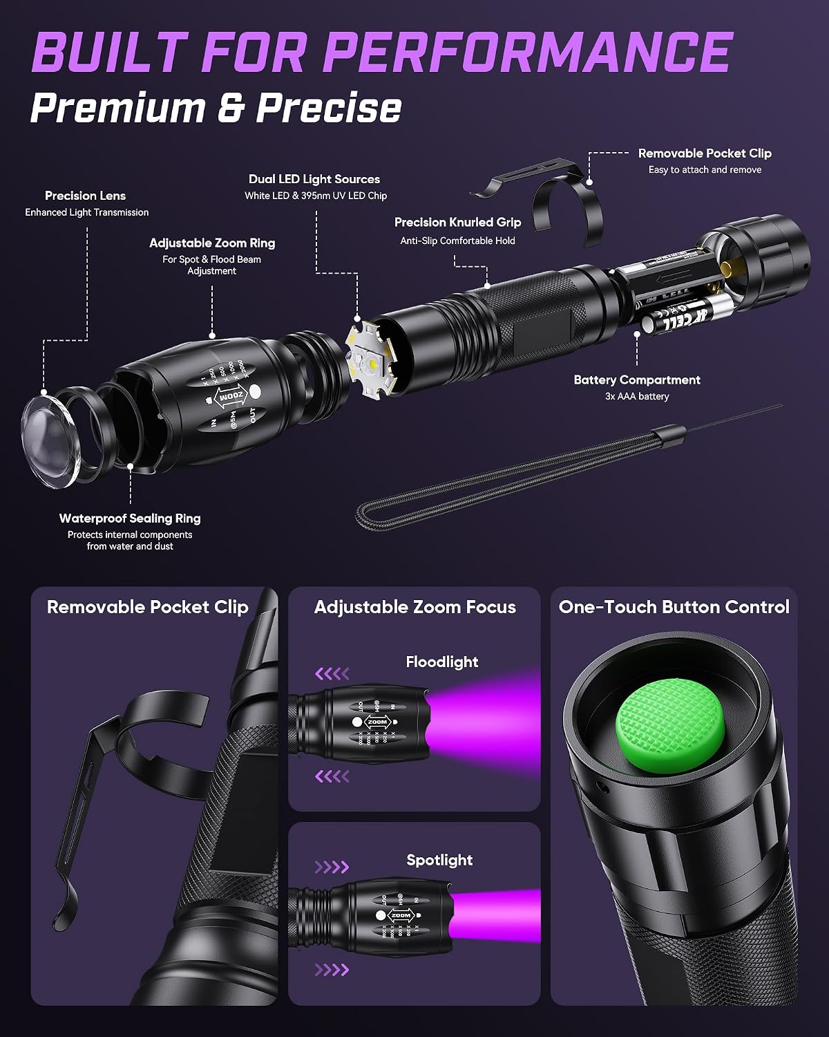 Evteck MOWETOO UV Flashlight with 395nm Black Light & White Light