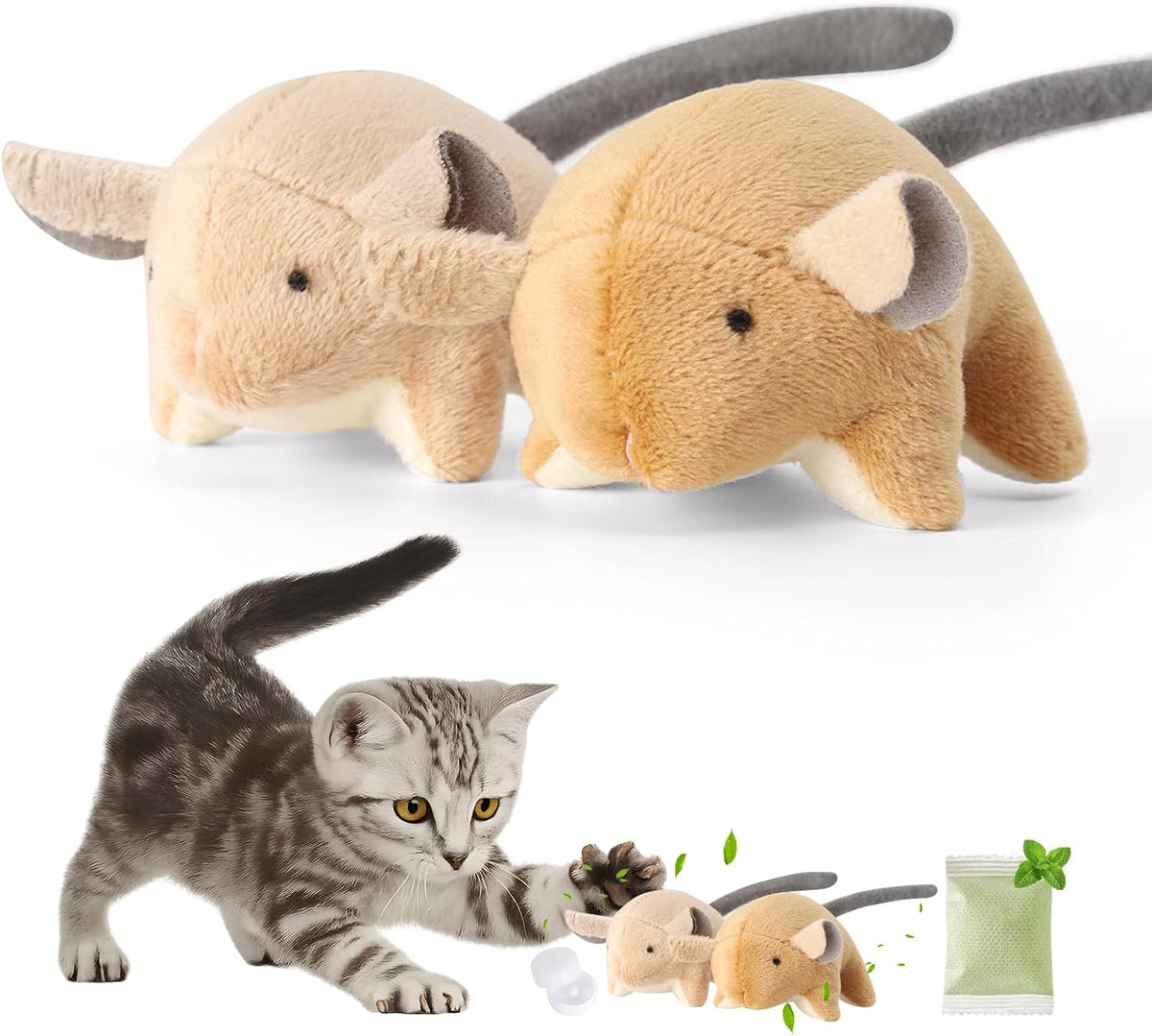 Plush Catnip Mice Toys with Rattle Sound- 2 Pcs Interactive Cat Toys for Indoor Cats, Durable Stress Relief Eco-Friendly