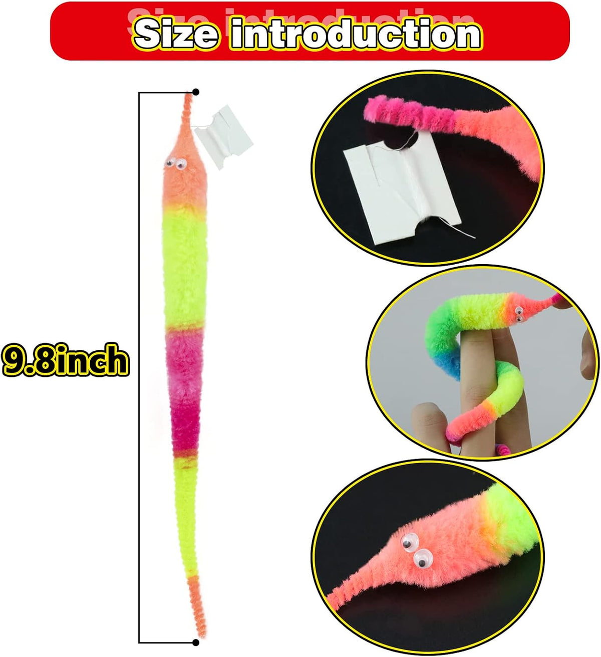 SHENGSEN Rainbow Fuzzy Worm Toys Tricky Worms on String Bulk,6 Pack
