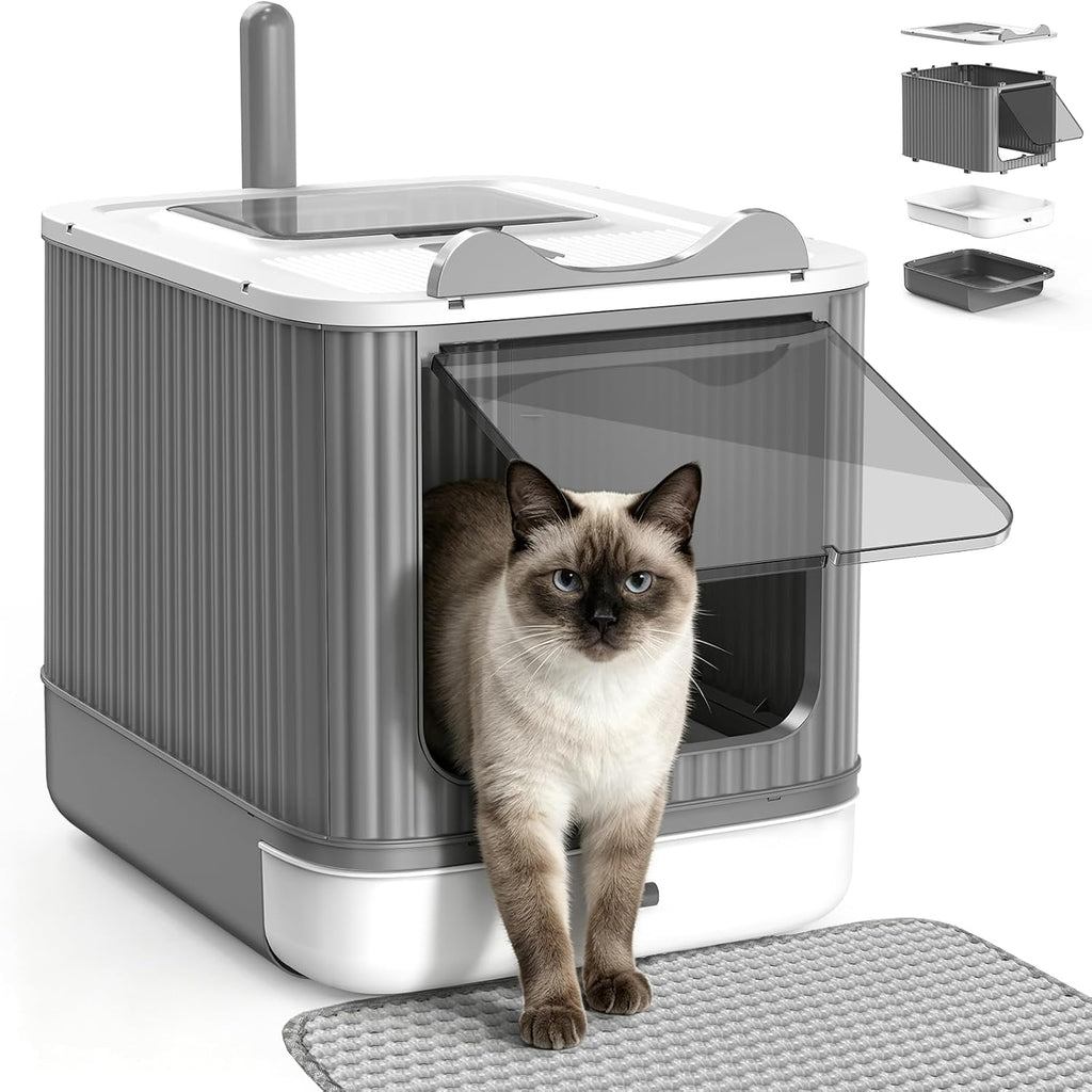 LCZLBRRD Covered Cat Litter Box with Lid for Kitten to Medium, Grey-White
