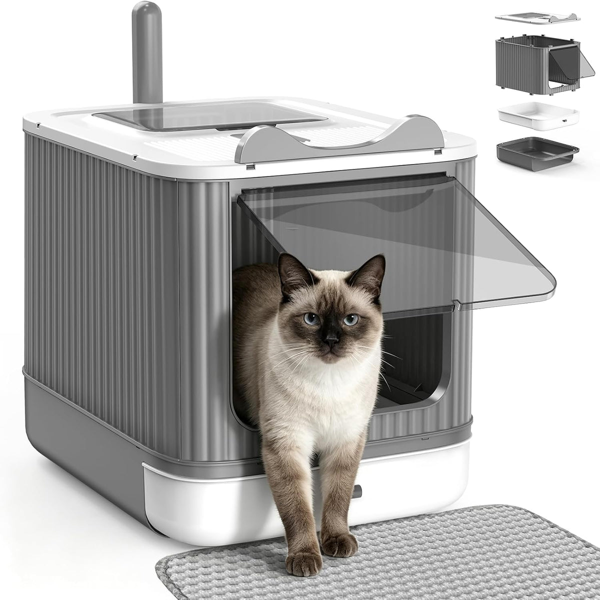 LCZLBRRD Covered Cat Litter Box with Lid for Kitten to Medium, Grey-White