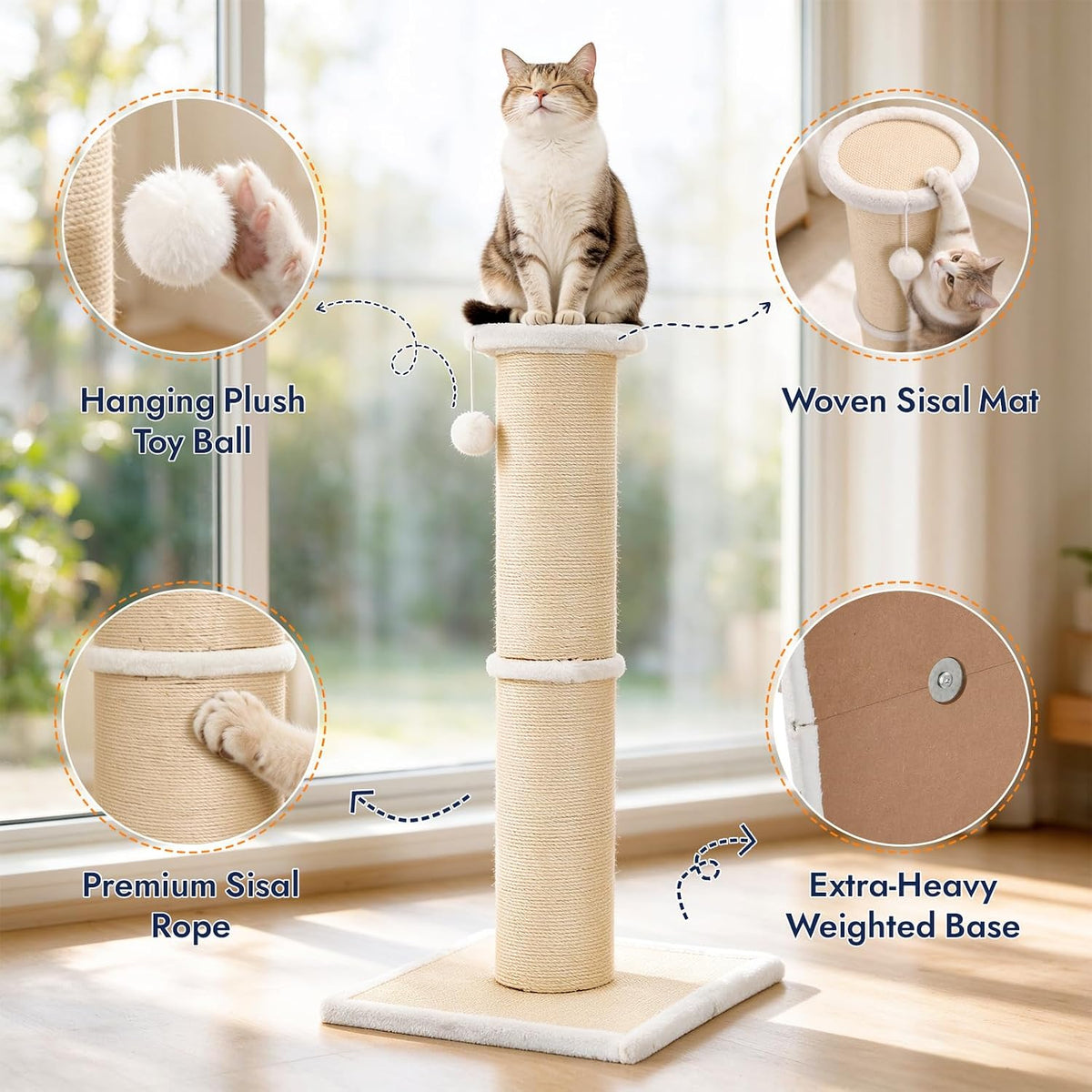 Tall Cat Scratching Post, 32in Thickened Sisal Post for Large Cats