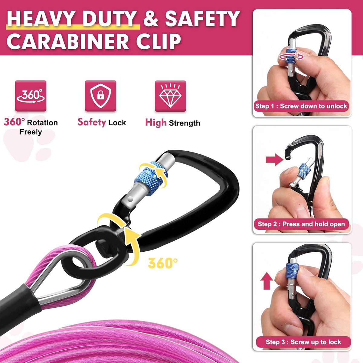 Heavy Duty Tie Out Cable for Yard - 50FT-1000LBS Break Strength, Swivel Lockable Hook & Spring, Chew Proof Dog Chain for