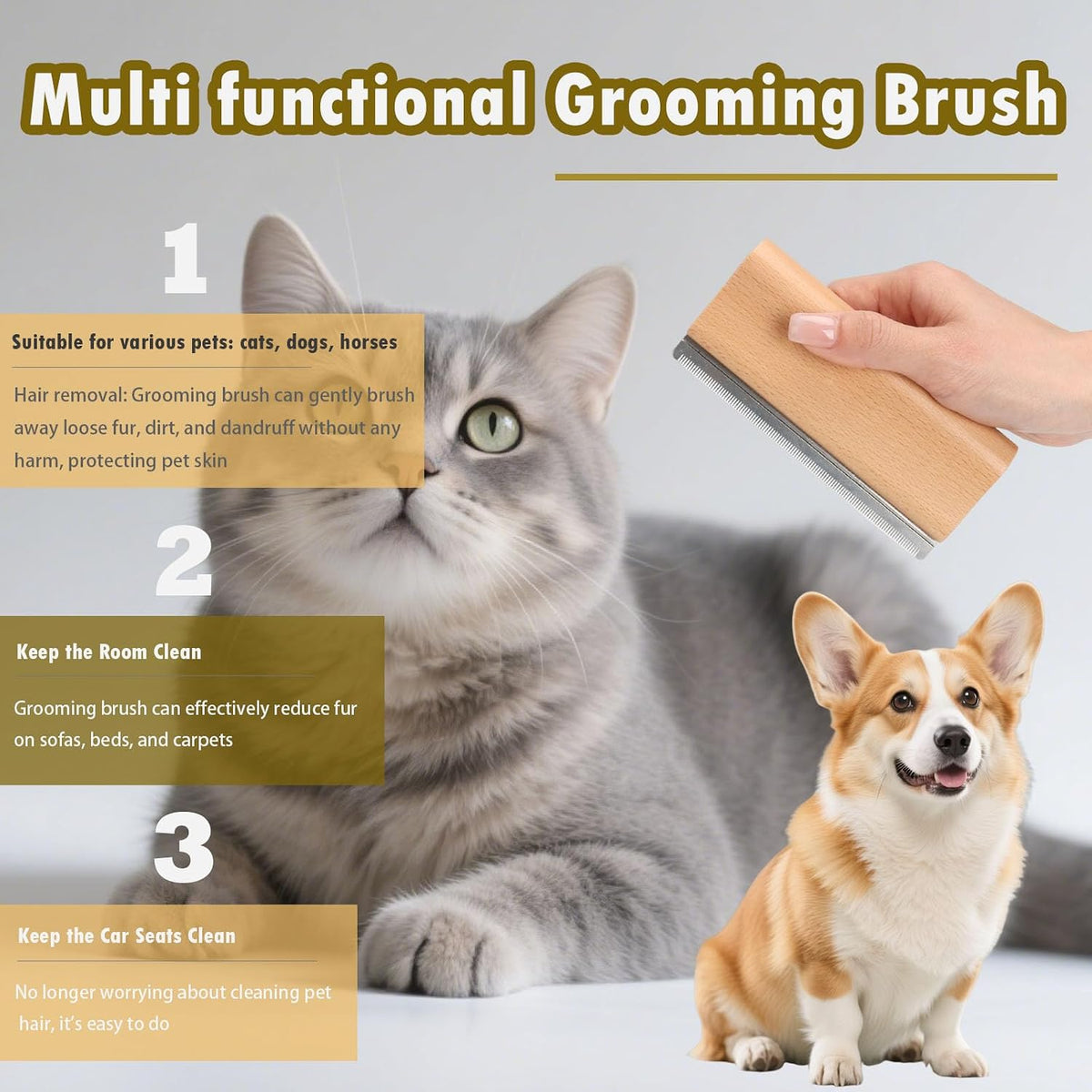 Dog Comb for Shedding Kit 2-in-1 Wooden Grooming Shedding Brush for Dogs & Cats Pet Hair Removal Tool with Ergonomic Gri