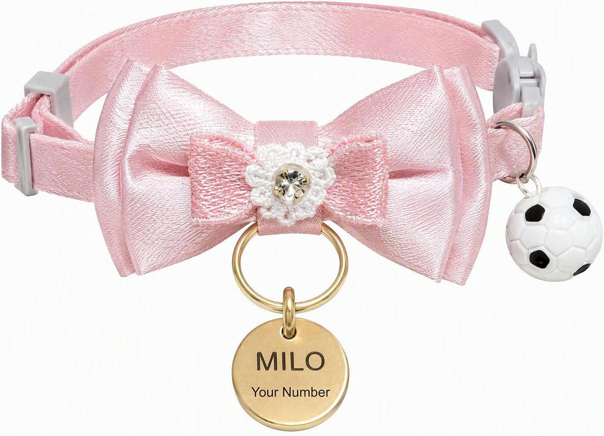 Custom Cat Collar with Name & Bell for Kitten, Breakaway Safety Buckle Pink