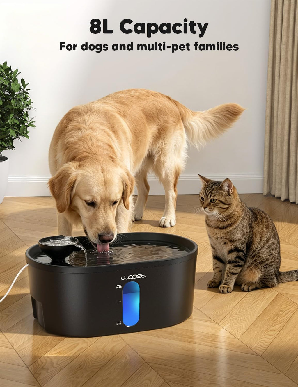WOPET 8L/2.1Gal Dog Water Fountain for Large Dogs,Automatic Pet Water Dispenser with Visible Water Window & LED Light,Ul