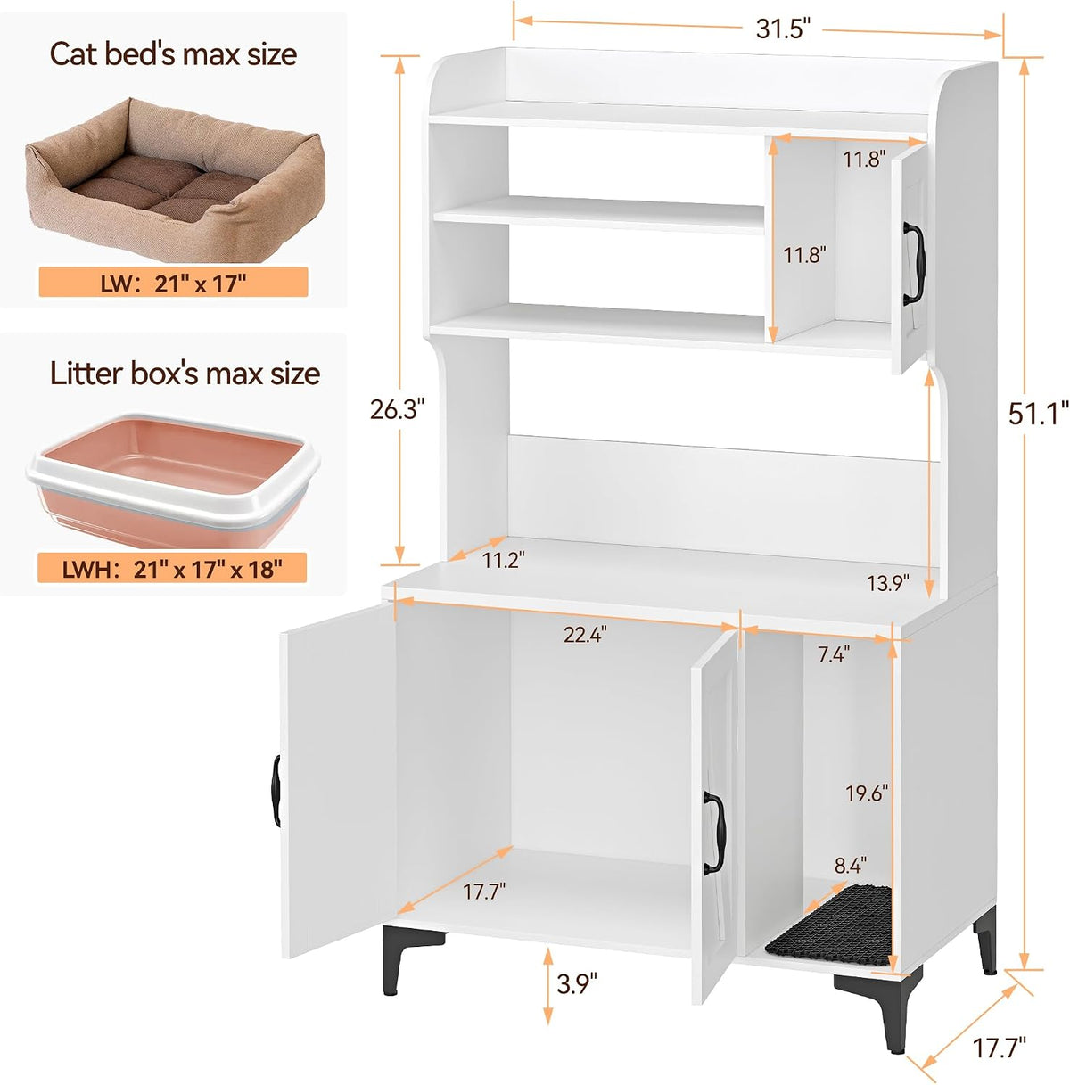 Tall Hidden Cat Litter Box Enclosure Cabinet - 4-Tier Storage Shelves, 2-Door Wood Cat Washroom Furniture, Indoor Cat Ho