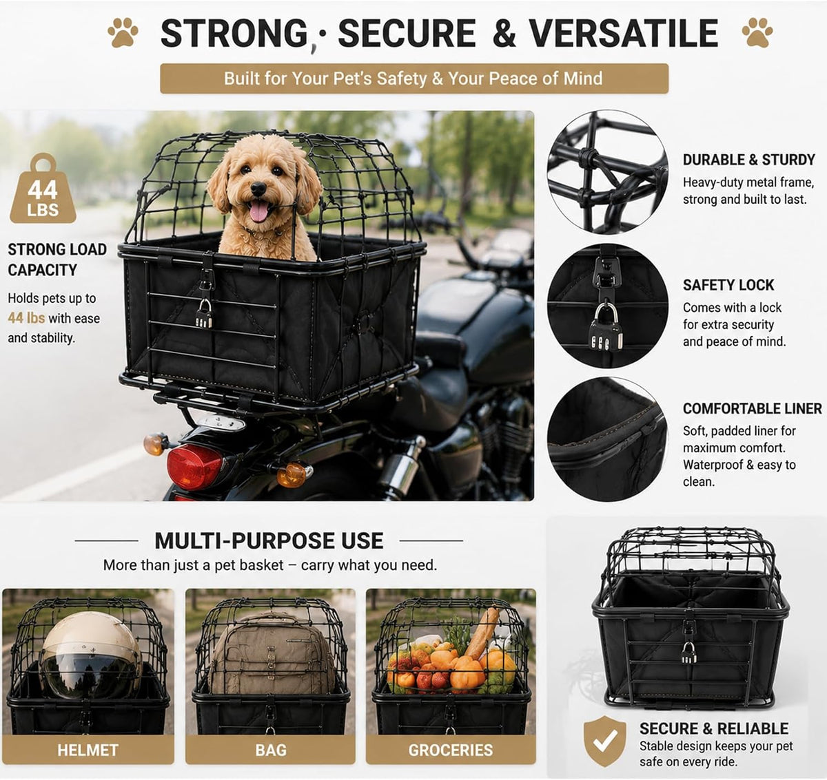 Motorcycle Dog Carrier with Mounting Bracket with Lid and Inner Liner Bag
