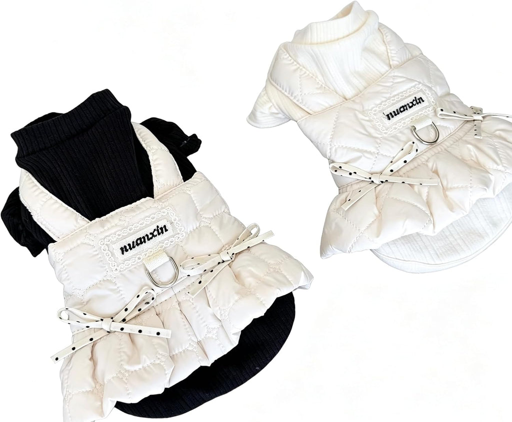 Nuanxin Small Dog Quilted Puffer Vest Dress Faux Two-Piece、Beige、X-Small