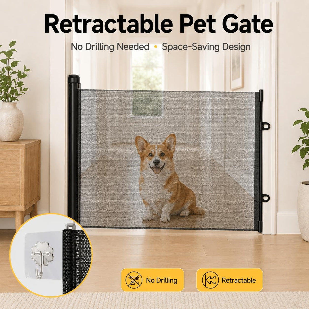 Retractable Pet Gate for Dogs & Cats, 70.9 inches Wide x 30.7 inch High