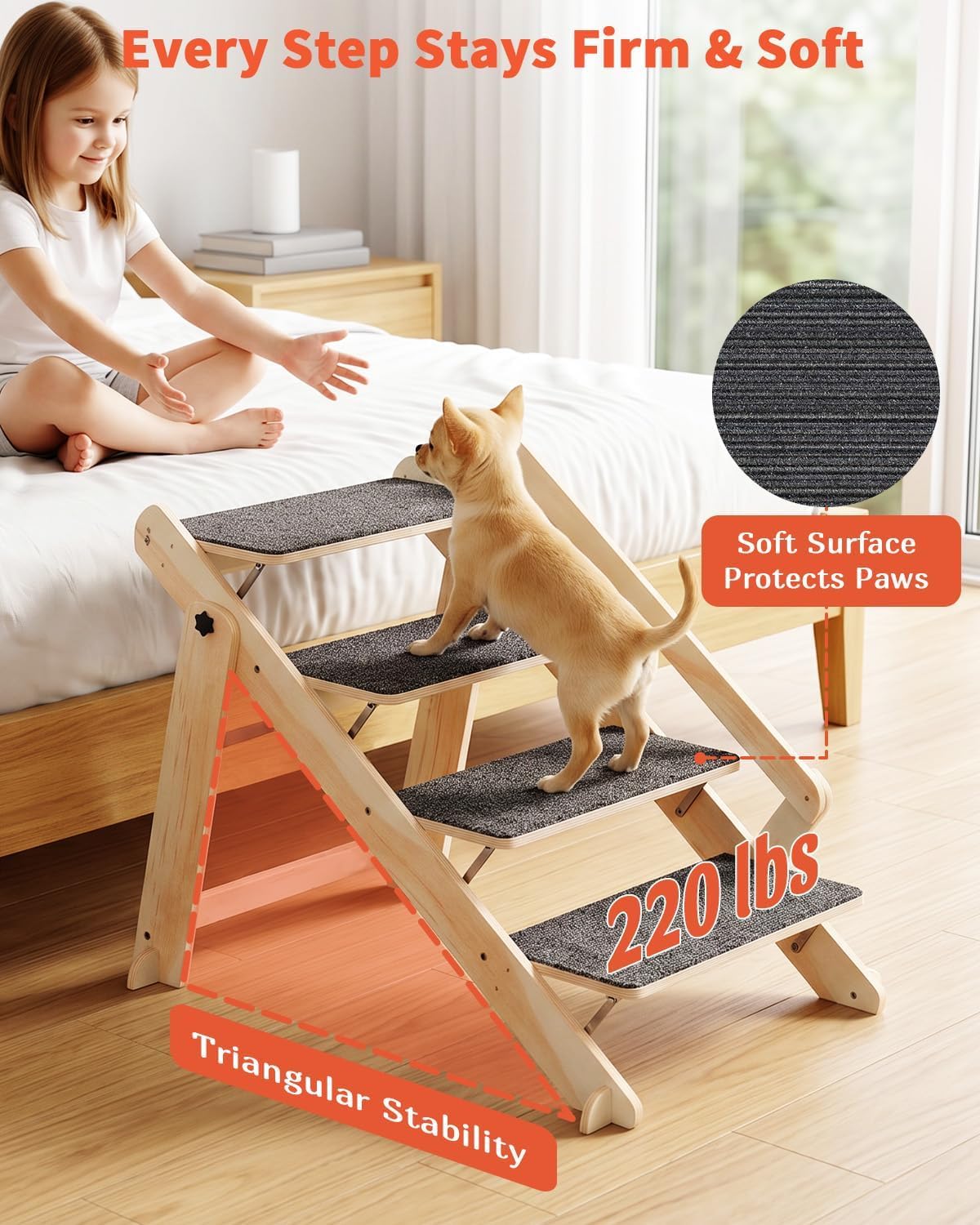 Woodure Foldable Dog Stairs, Convertible 4-Step Wooden Dog Ramp, Cat Step for High Bed Couch Car, Anti Slip Puppy Ladder