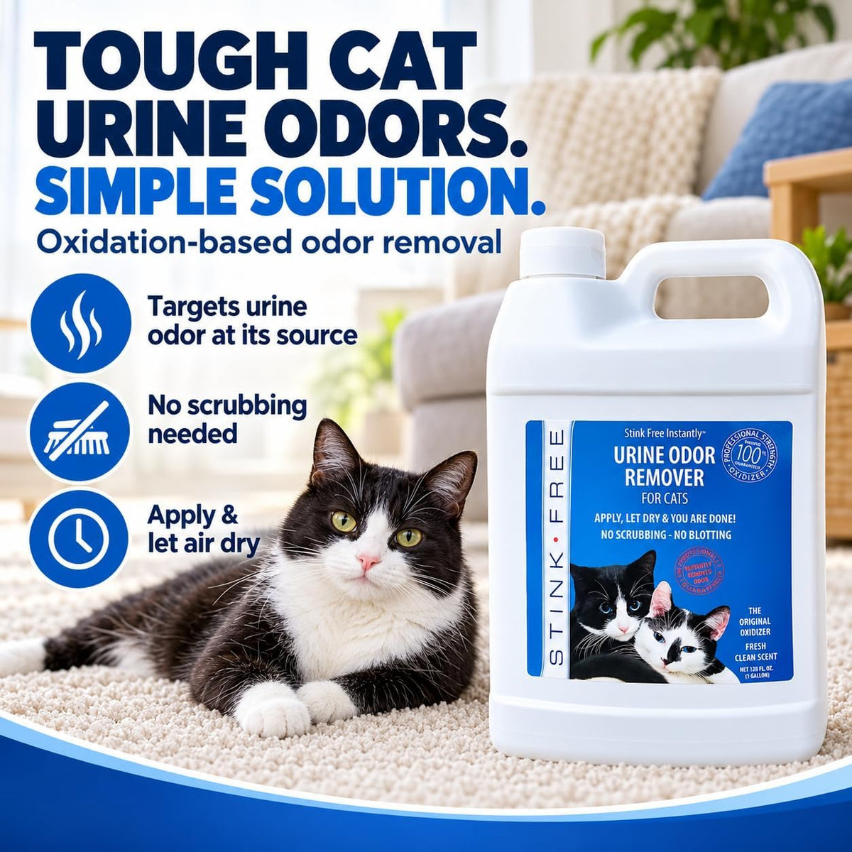 Instantly Urine Odor Remover & Eliminator for Cat Urine, Oxidizer Based Urine Cleaner for Carpets, Rugs, Mattress, etc. 