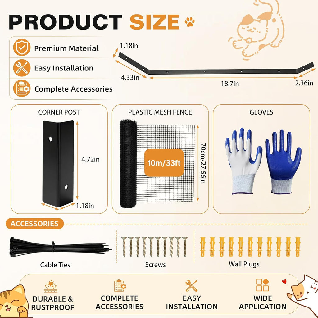 Cat Fence Outdoor Barrier 33FT, Anti-Climb Fence Topper with Install Kit