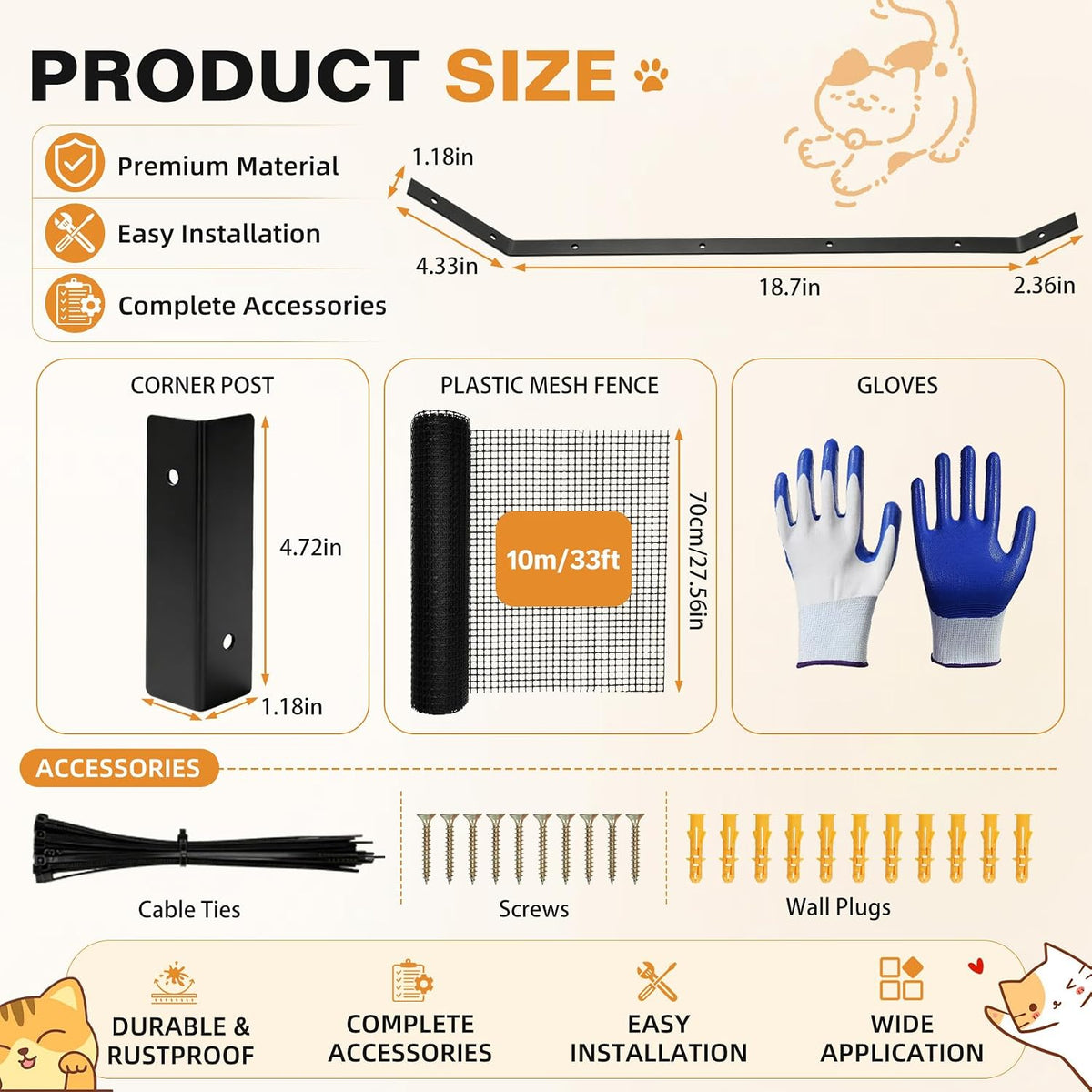 Cat Fence Outdoor Barrier 33FT, Anti-Climb Fence Topper with Install Kit