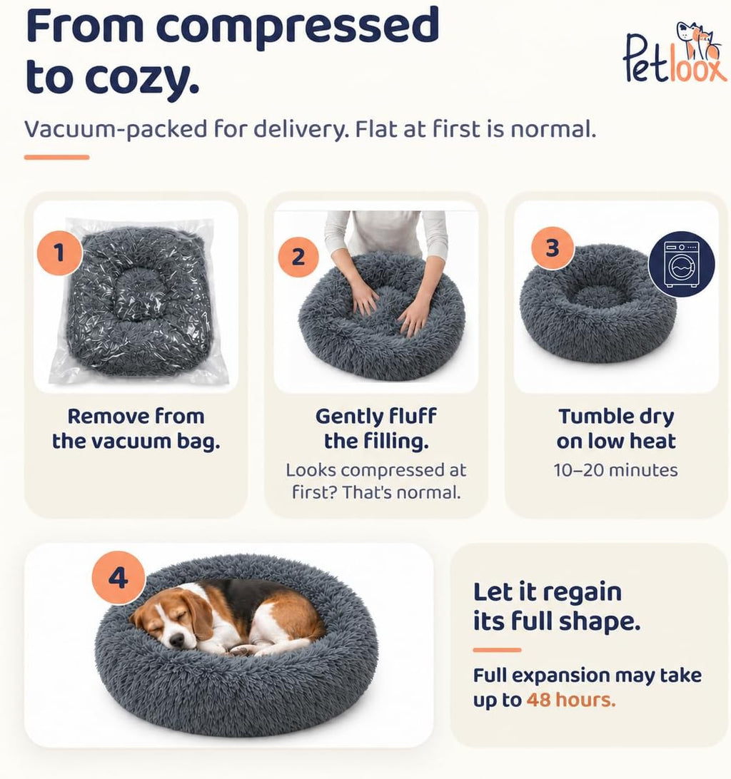 Calming Donut Dog Bed for Medium Sized Dogs, Fluffy Round Dog Bed