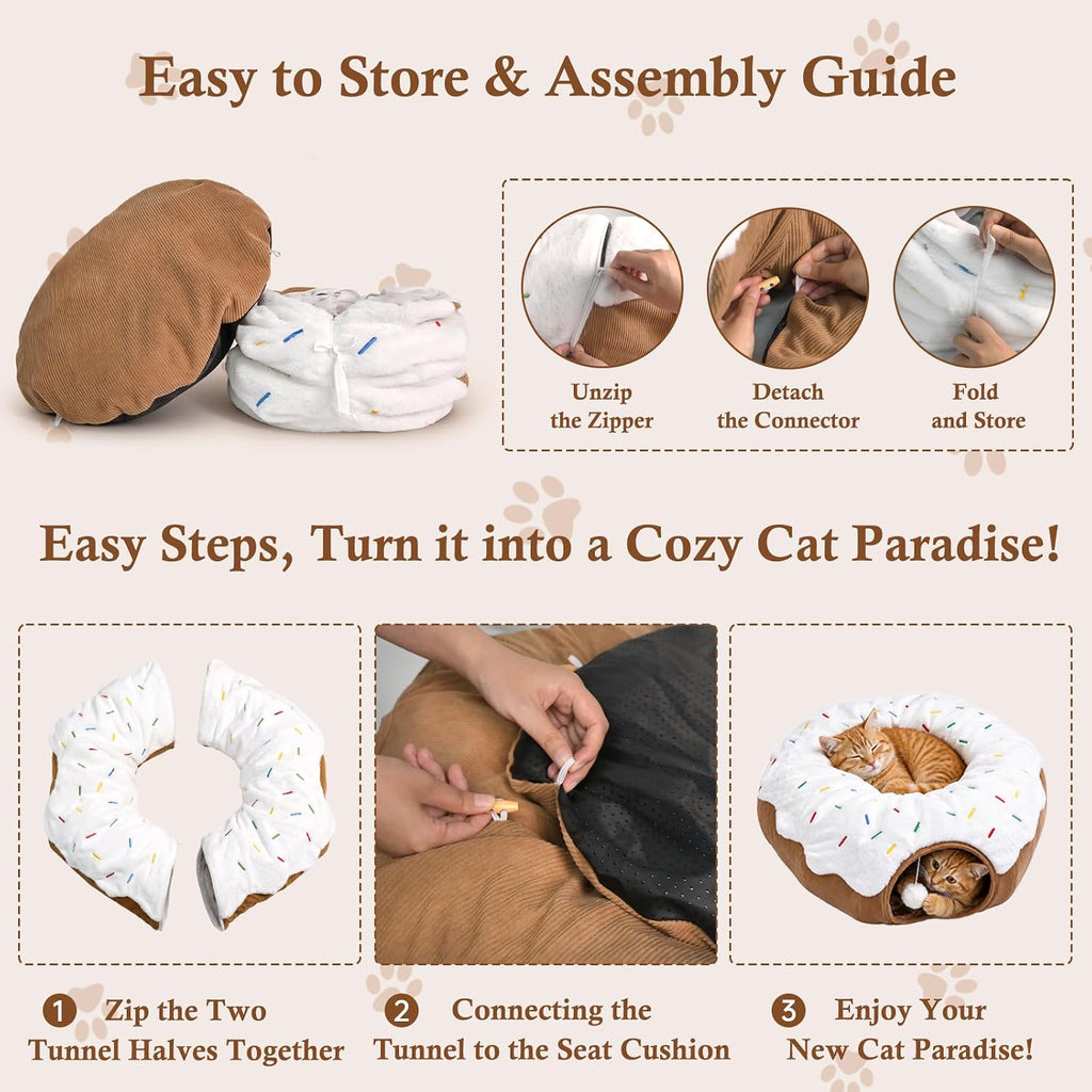 Donut Cat Bed Tunnel for Indoor Cats with Hanging Pom Pom Toy