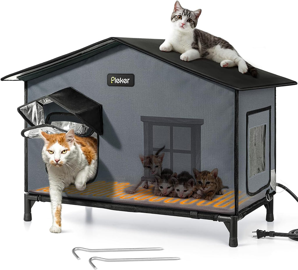 Heated Cat House for Outside: 31.5" XXL 100% Waterproof & Insulated Outdoor Cat House for Winter, Weatherproof Elevated 