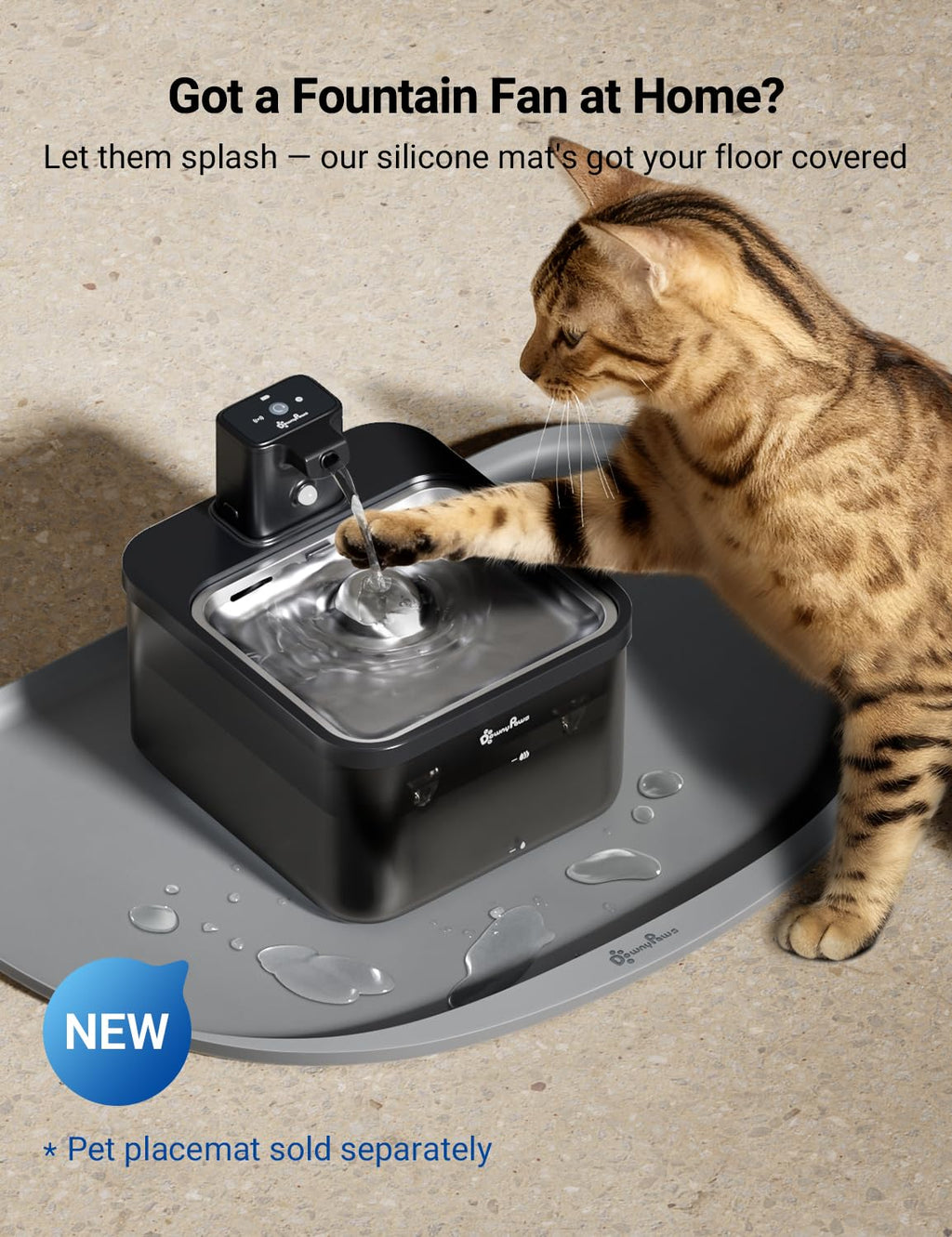 DownyPaws Cat Water Fountain Cordless, Pet Fountain, 84oz/2.5L, Black Pro