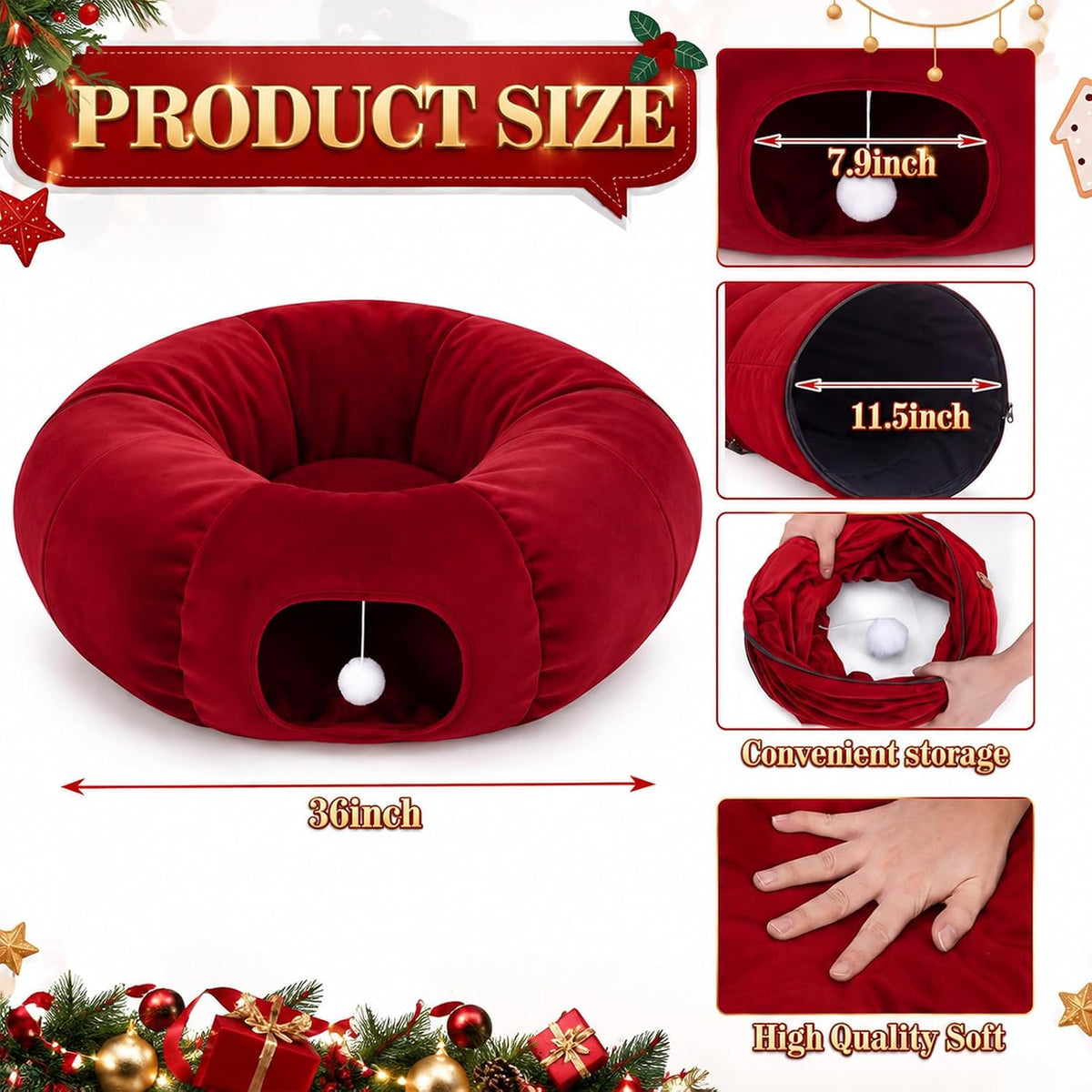 Christmas Tree Cat Tunnel 36in Donut Bed, Red, Velvet, Fluffy