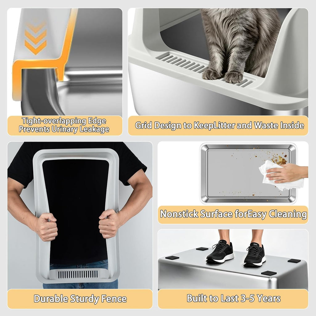 Stainless Steel Cat Litter Box - High Side Pan with Anti-Tracking Step,Rolled Edge & Leak-Proof Base,Cover,Scoop,Anti-Sl