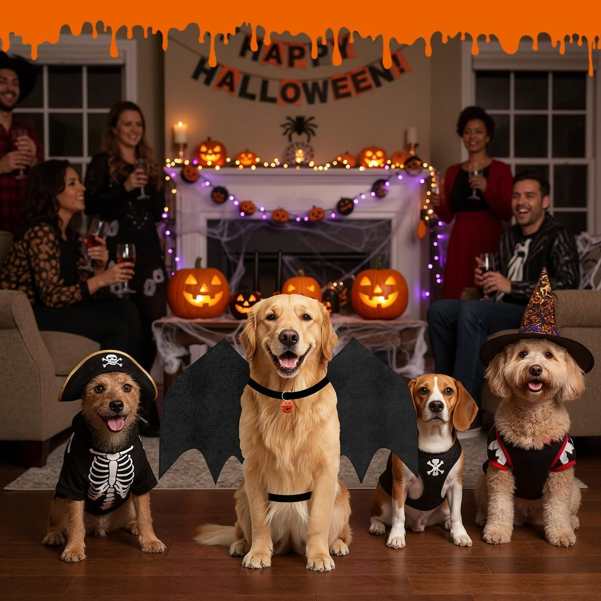 Olanrun Large Dog Halloween Costumes, Adjustable Dog Bat Wings Costumes for Large Dogs with Pumpkin Bell Skeleton Print On The Back, Pet Costume Halloween Cosplay Party Dress Up, XL Black
