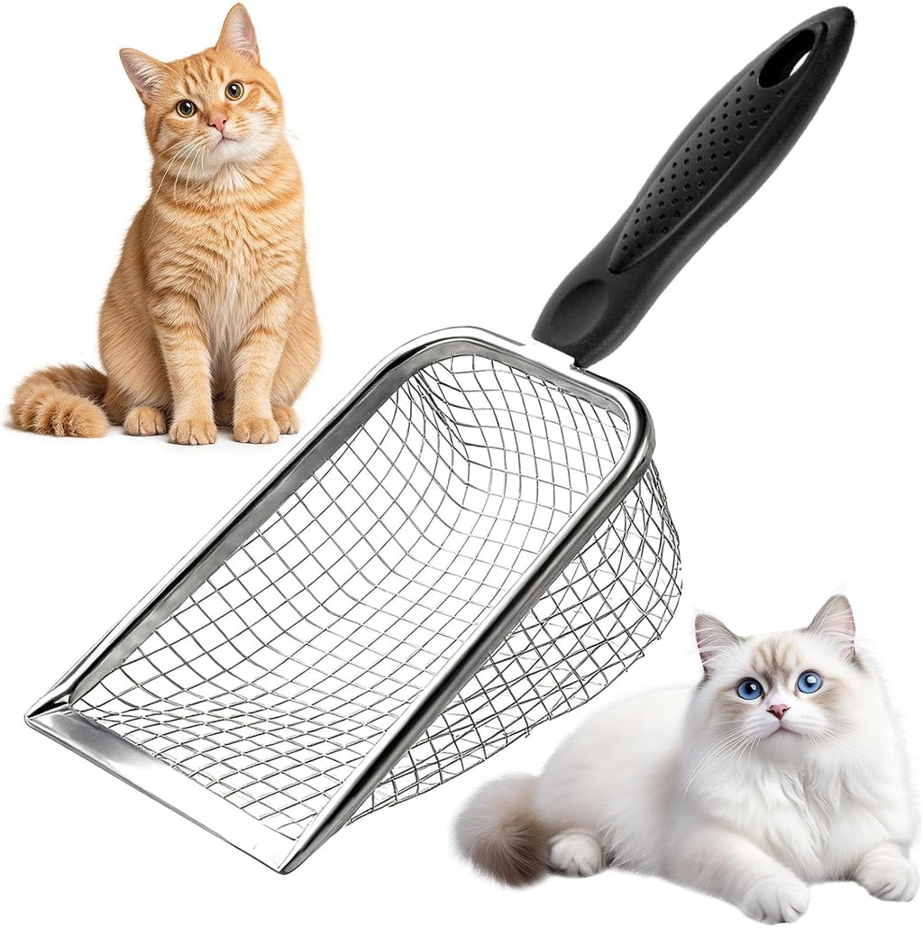Cat Litter Scoop - Long Handle Scooper, Rustproof Stainless Steel Mesh, Non-Slip Grip, Deep Shovel Sifter for All Litter