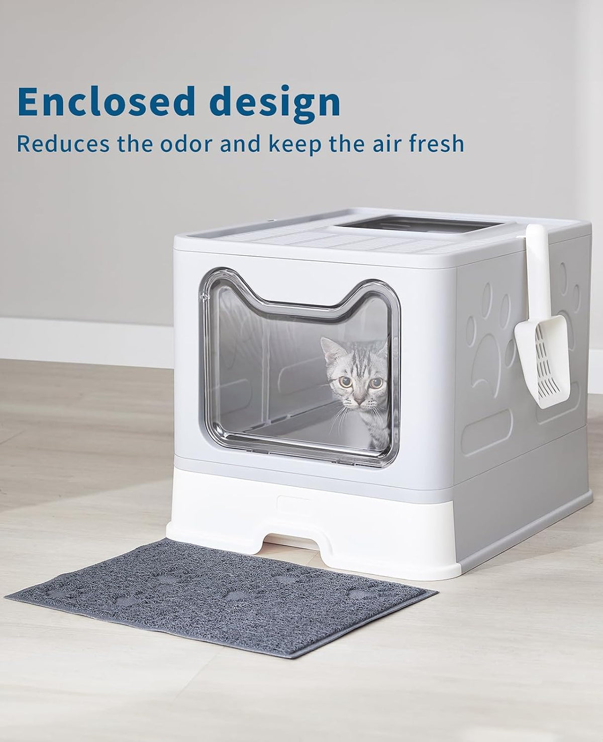 Cat Litter Box with Litter Mat and Scoop (Grey)