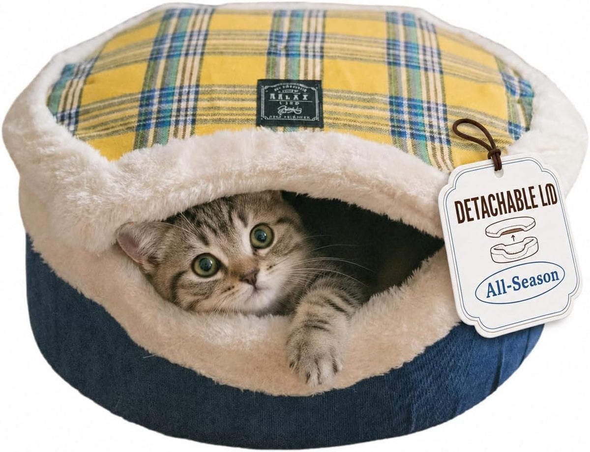 Cat Bed Cave - Enclosed Hideaway with Detachable Lid for Kitten (Yellow)