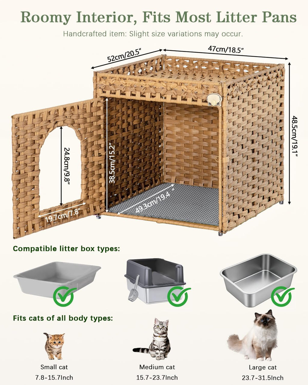 Cat Litter Box Enclosure Furniture, Hidden PE Rattan, Natural